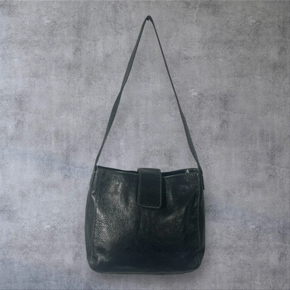 Vintage‎ Fossil Black Leather Hobo Shoulder Bag Purse Contrast Stitching